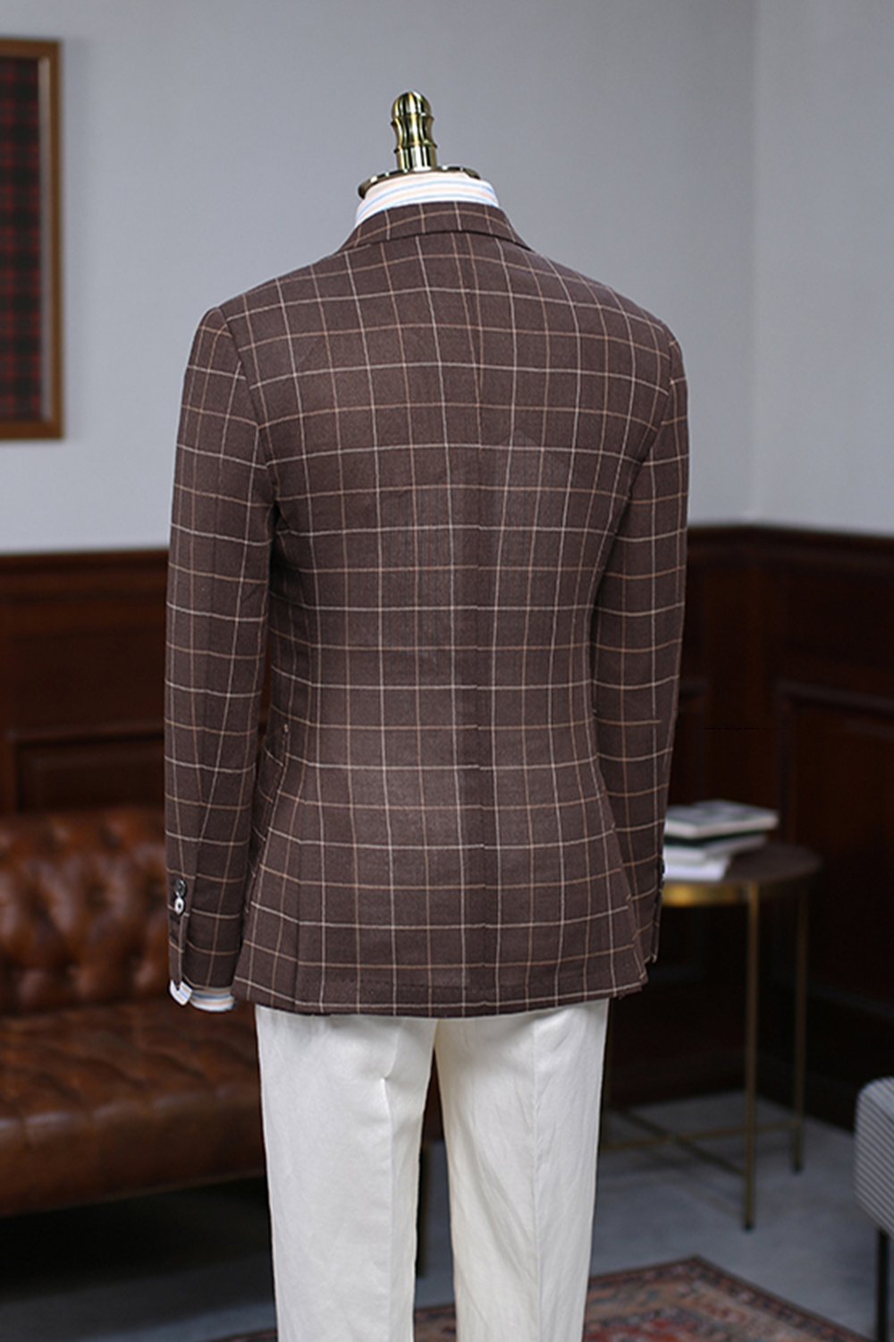 Blazer, em lã com linho single breasted com lapela notched - Marrom Xadrez