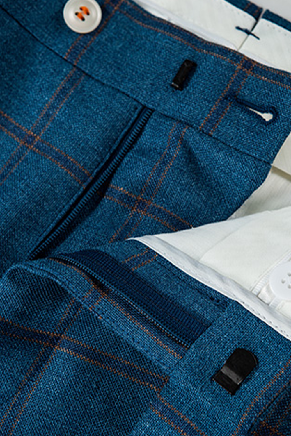 Lanifício Vitale Barberis Canonico - Costume double breasted 6x2, half canvas em lã, linho e seda, com lapela peak - Azul padronagem laranja