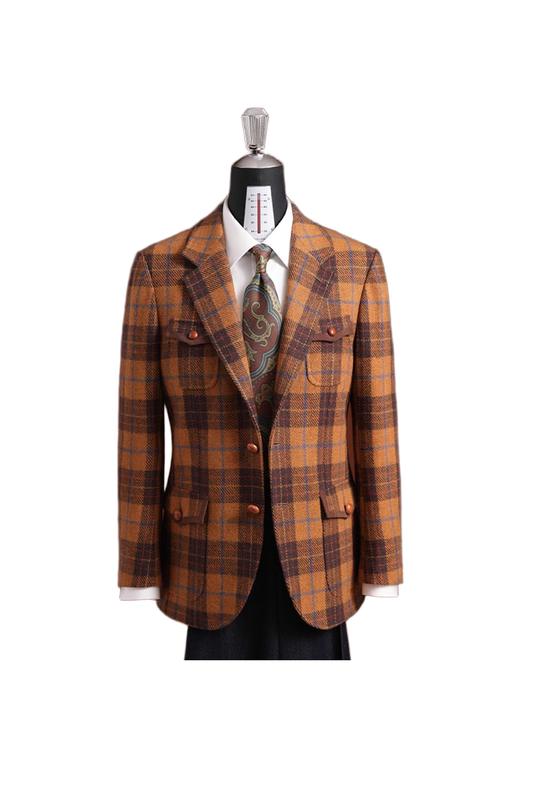 Lanifício W.BILL - Safari 100% lã super 100'S com 18.75 µ, com lapela notched , bolsos flap e botões capotão - Padronagem em tons terrosos