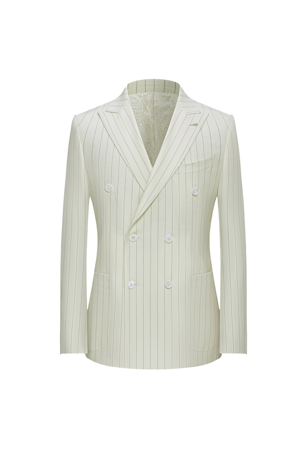 Blazer double breasted 6x2, em lã merino super 130'S, 17.20 micron, com lapela peak - Off White listrado, arabesco