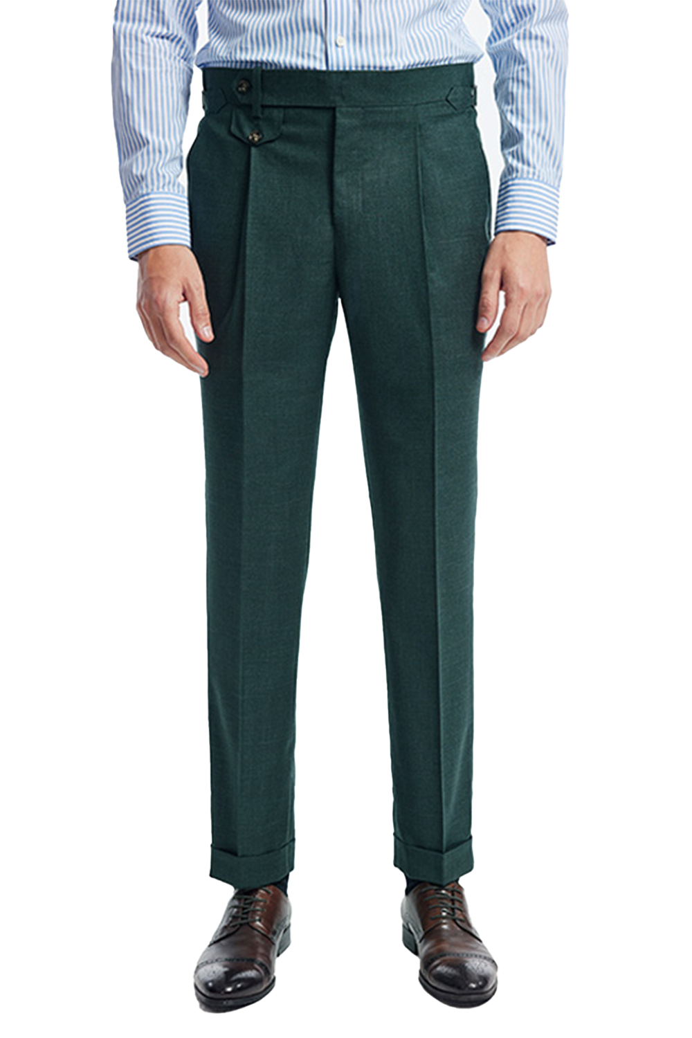 Calça em modelagem italiana, cintura alta, com ajustadores laterais e bolso frontal - Verde