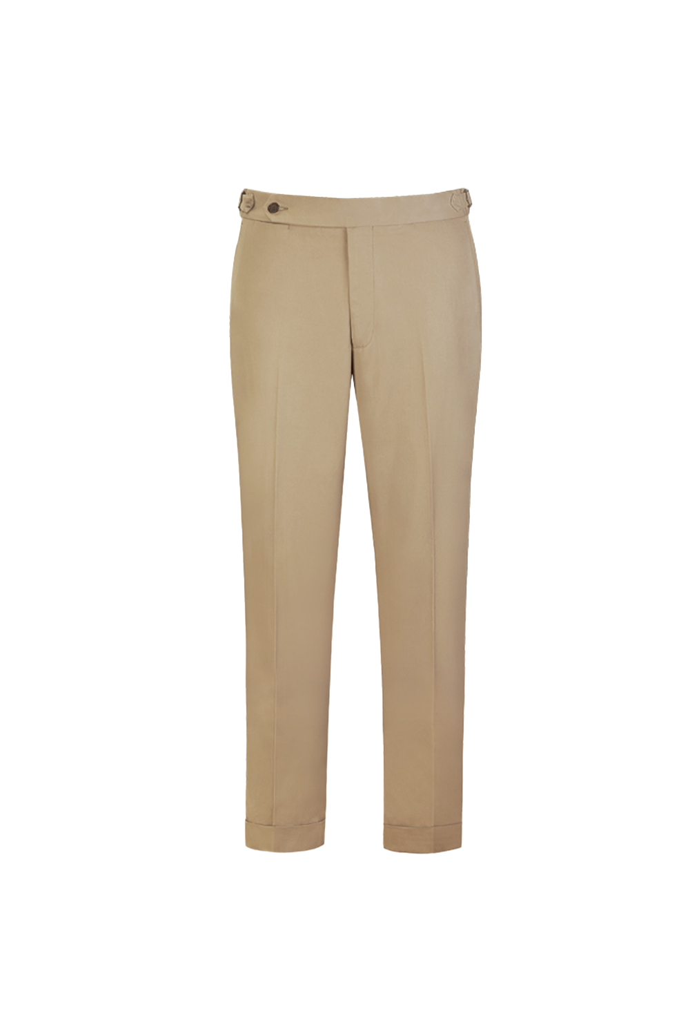 Calça em modelagem italiana de sarja rígida de algodão, cintura alta, com ajustadores laterais - Khaki
