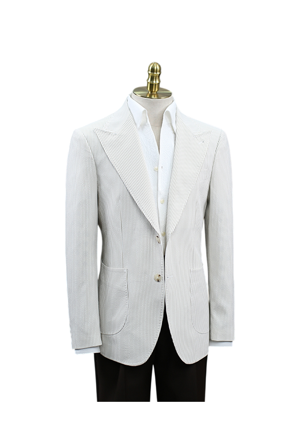 Blazer em tecido seersucker, single breasted com lapela peak - Listras khaki