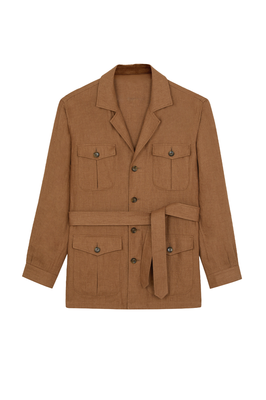 Safari Jacket desestruturado, com faixa 100% linho - Tabaco