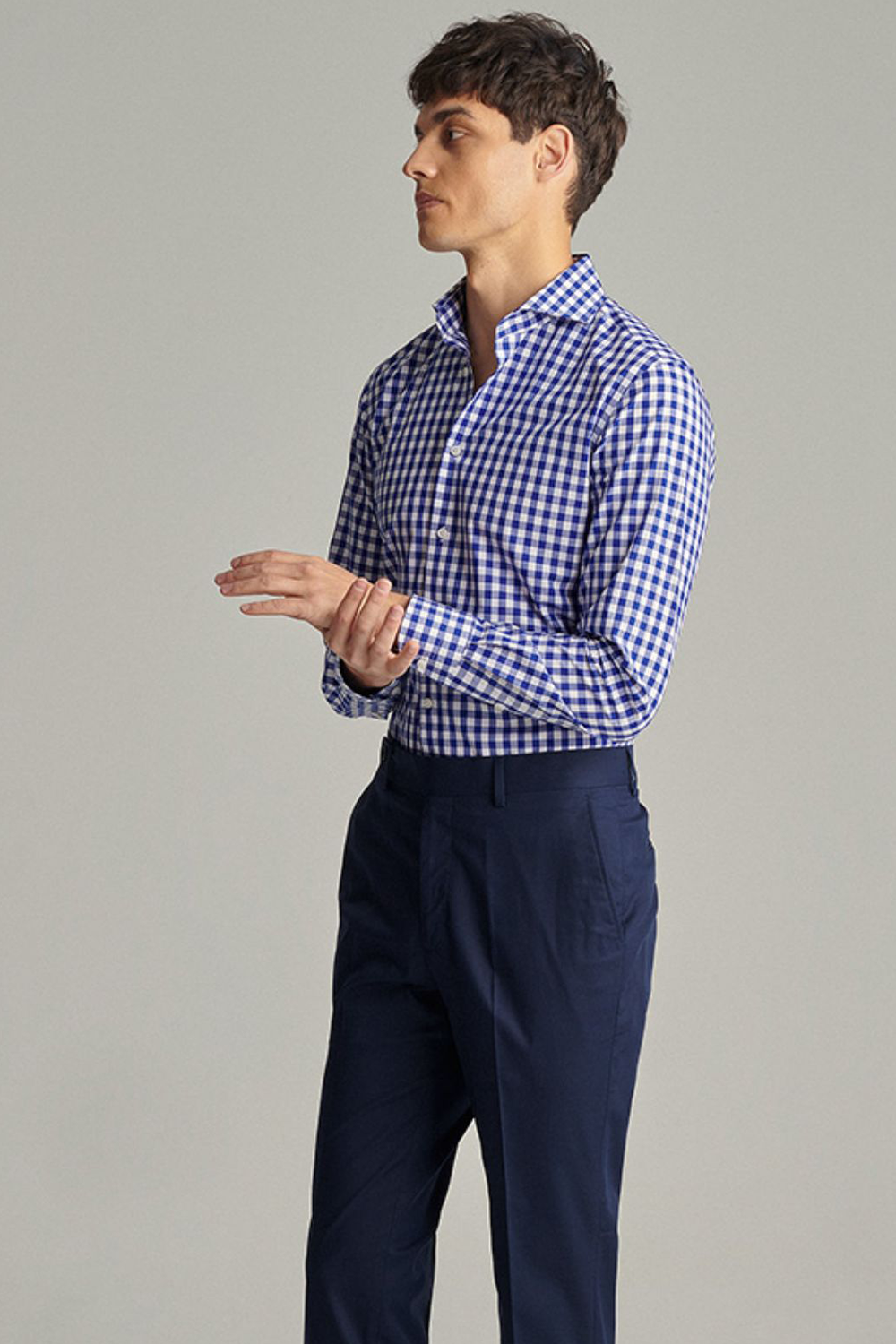 Camisa de manga comprida com colarinho windsor, 100% algodão - Xadrez azul marinho