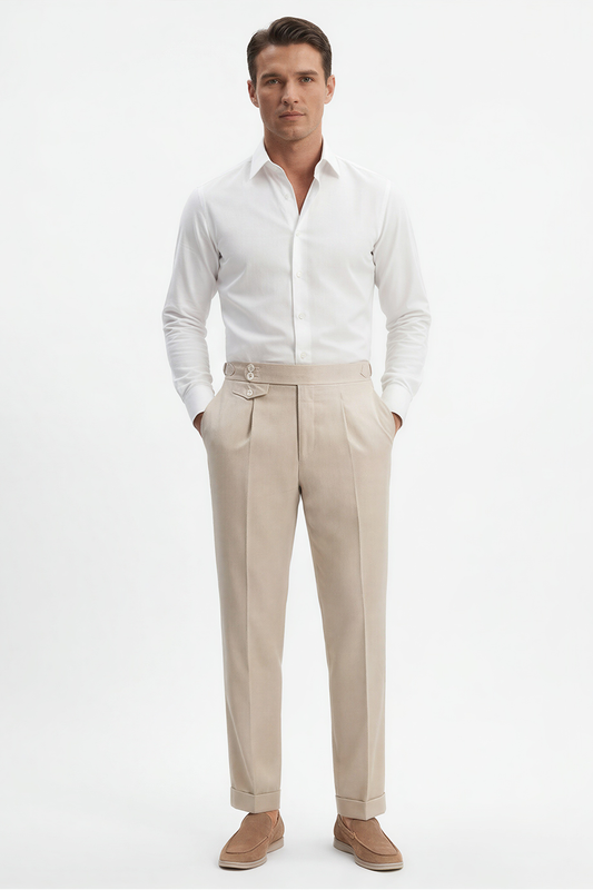 Lanifício MT GERALD - Calça cintura alta com ajustadores laterais e pregas, em lã merino super 110 18.25 µ - Off-White Damasco