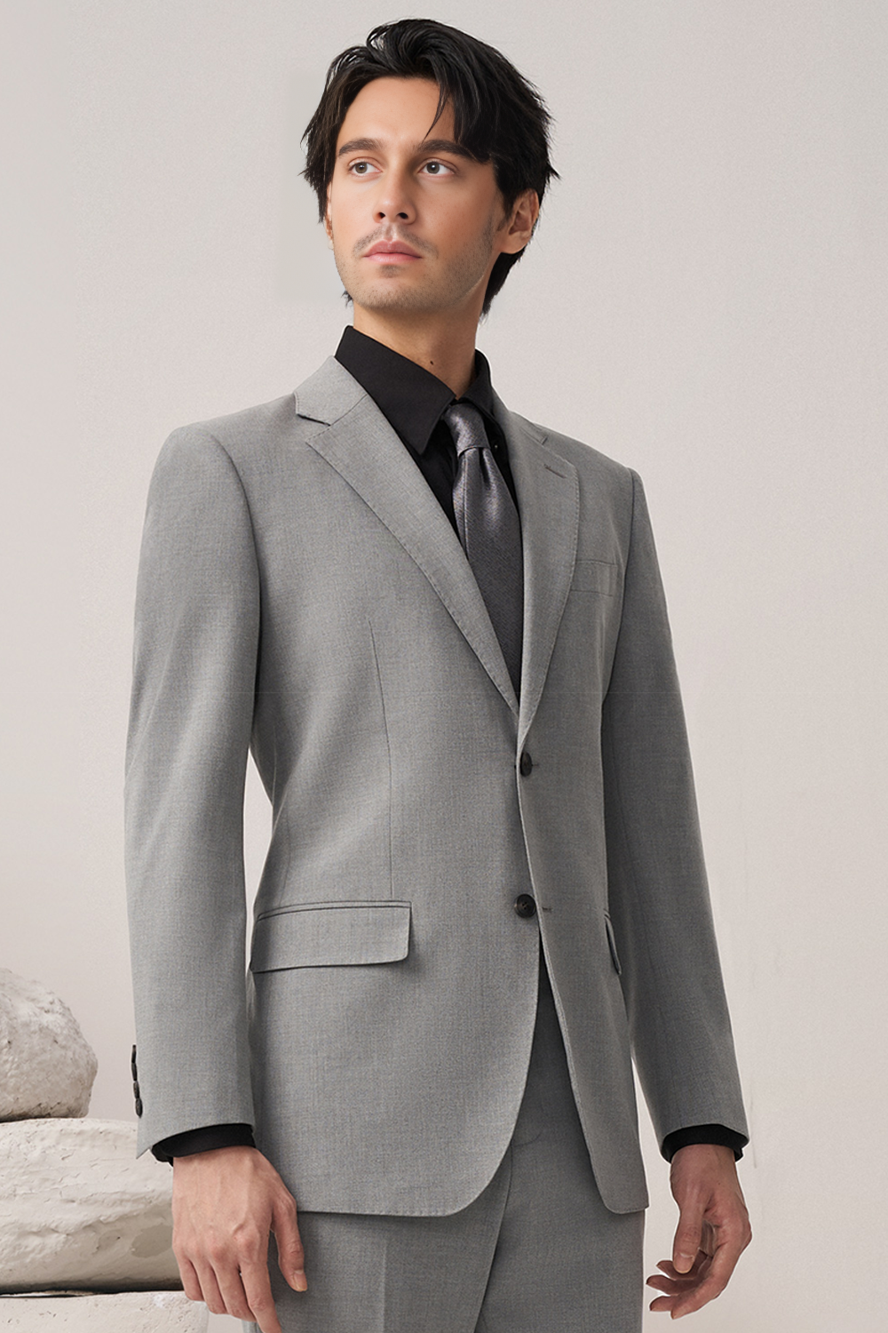 Costume single breasted, em lã tropical com elastano, lapela notched - Cinza Nuvem