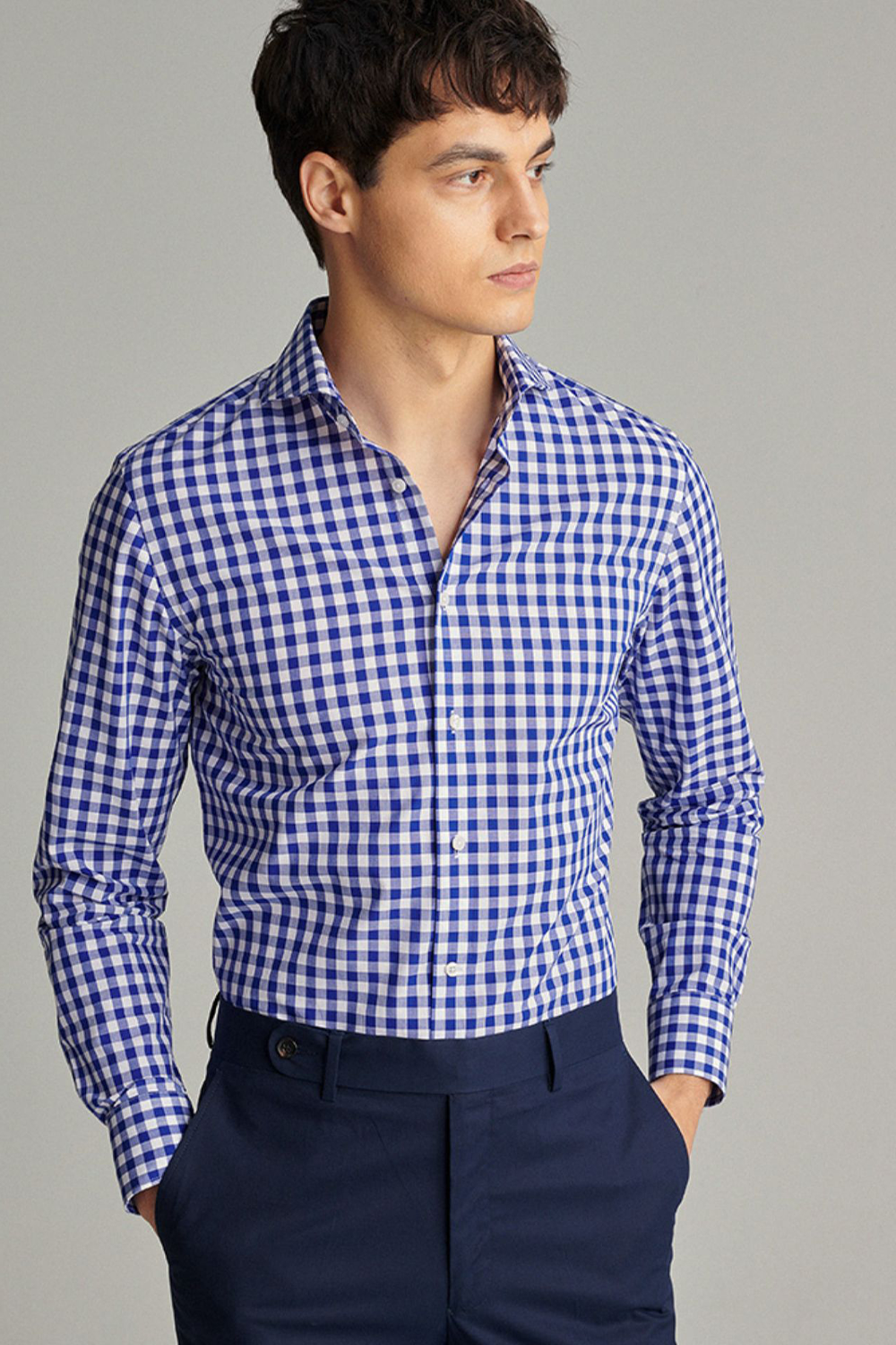 Camisa de manga comprida com colarinho windsor, 100% algodão - Xadrez azul marinho