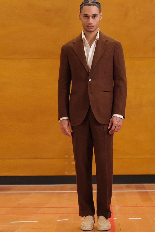 Costume single breasted com lapela notched, em linho hopsack - Marrom Act