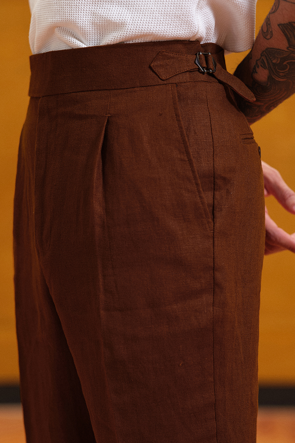 Costume single breasted com lapela notched, em linho hopsack - Marrom Act