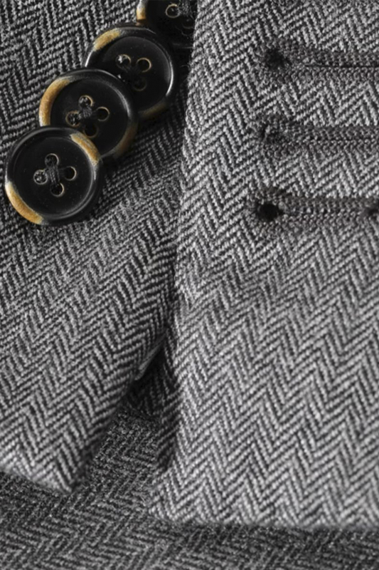 Costume double breasted 6x2, half canvas, lapela peak, em lã merino flanelada super 100 18.75 µ - Cinza espinha de peixe