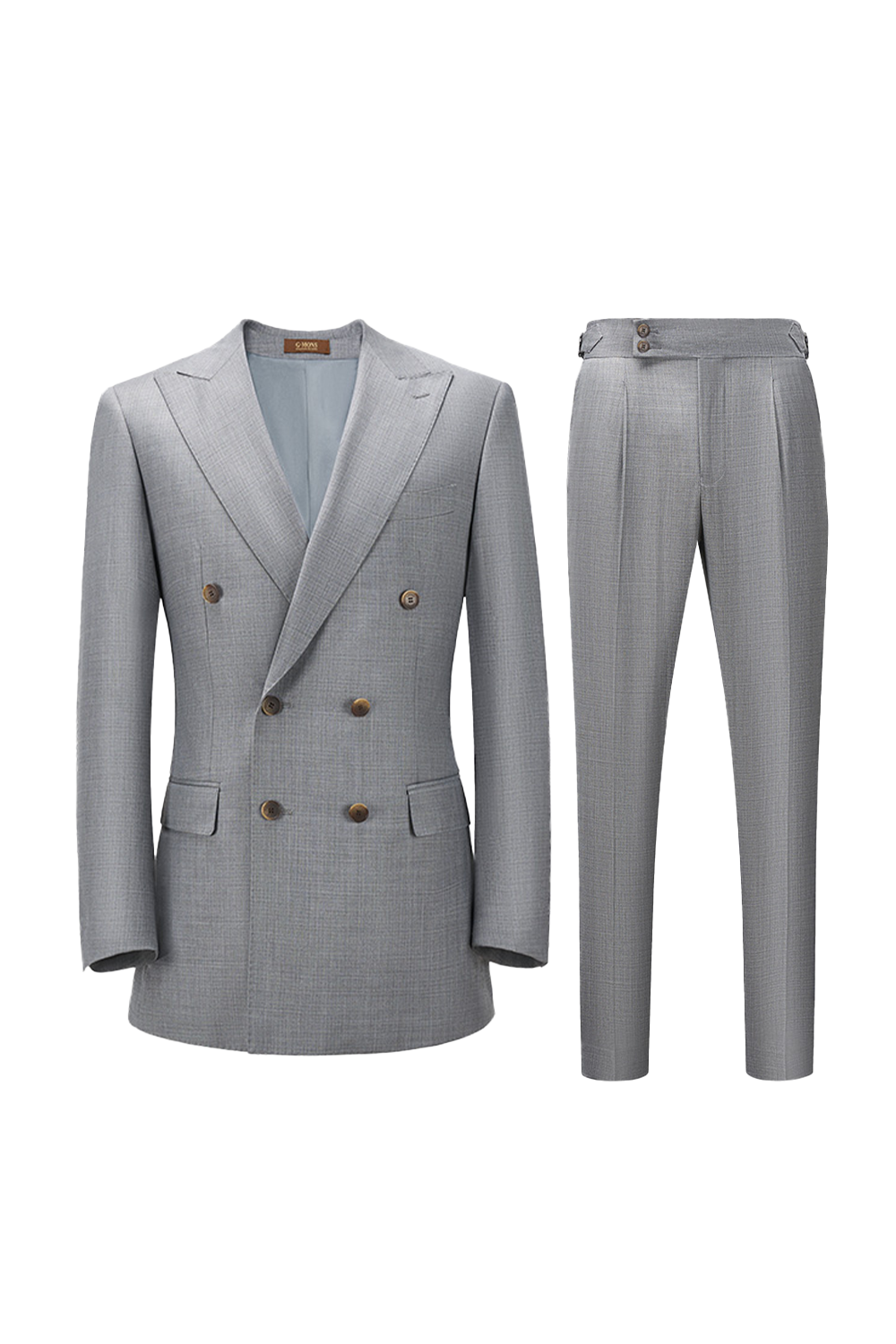 Costume double breasted, em lã tropical com lapela peak- Cinza