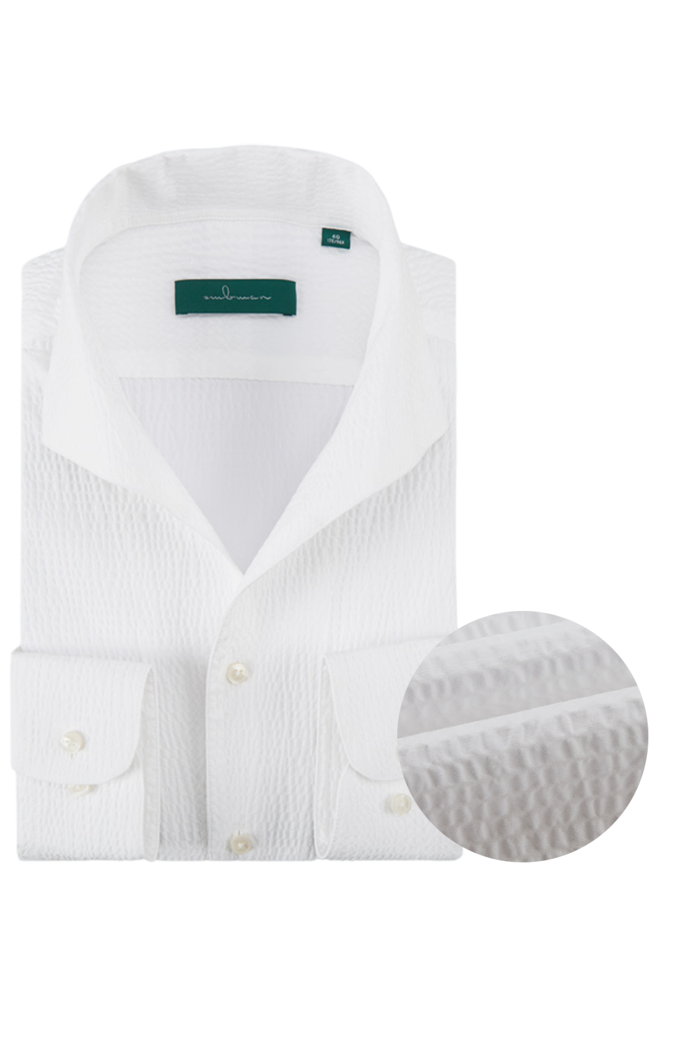 Camisa de manga comprida com colarinho windsor v-neck e botão oculto, 100% algodão seersucker - Branca