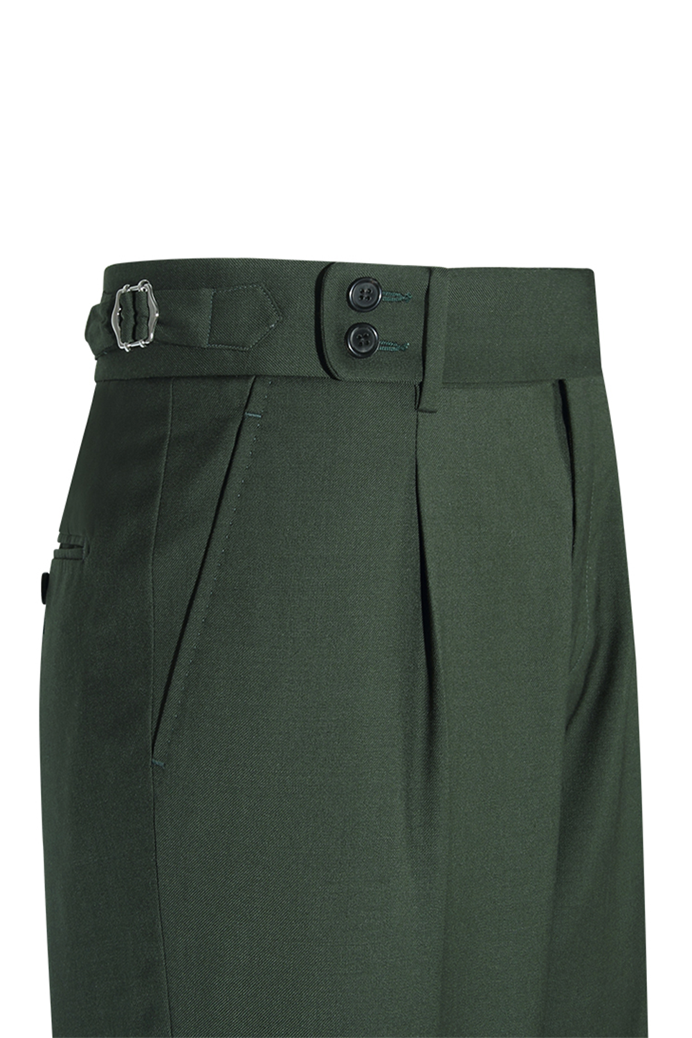 Lanifício Nobility Suitings - Calça em modelagem italiana, em lã merino 130'S, 17.25 µ, cintura alta, com ajustadores laterais - Verde