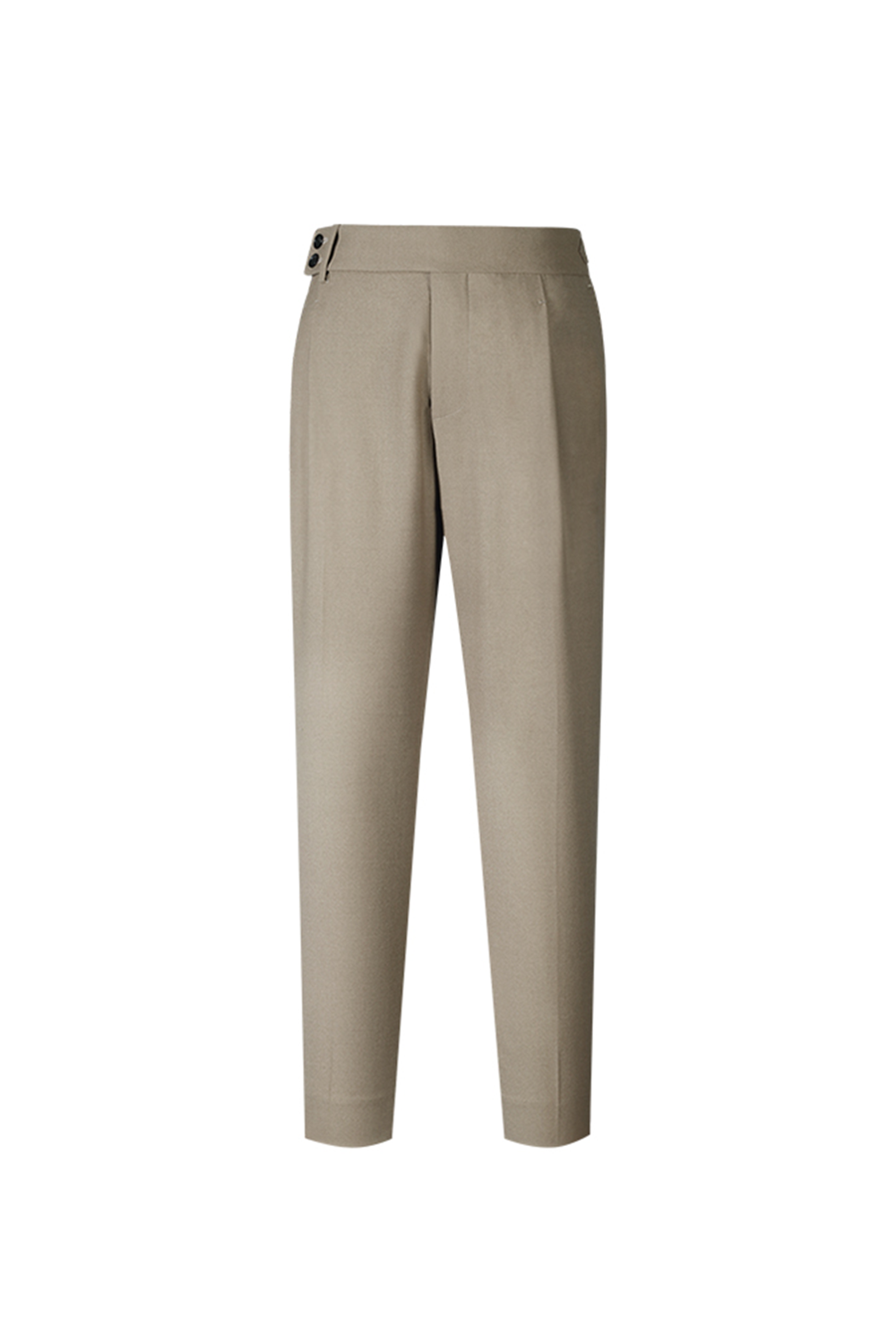Calça em modelagem italiana, em polilã, cintura alta, com ajustadores laterais - Khaki claro