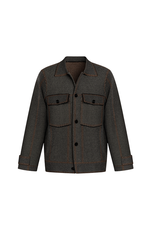 Jaqueta alfaiataria workwear, curta, com lapela e bolsos frontais - Sarja Mista