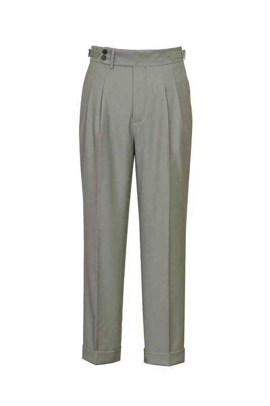 Lanifício T.Ingeniator - Calça em lã merino super 120's, 17.75µ, com ajuste lateral - Cinza esverdeado