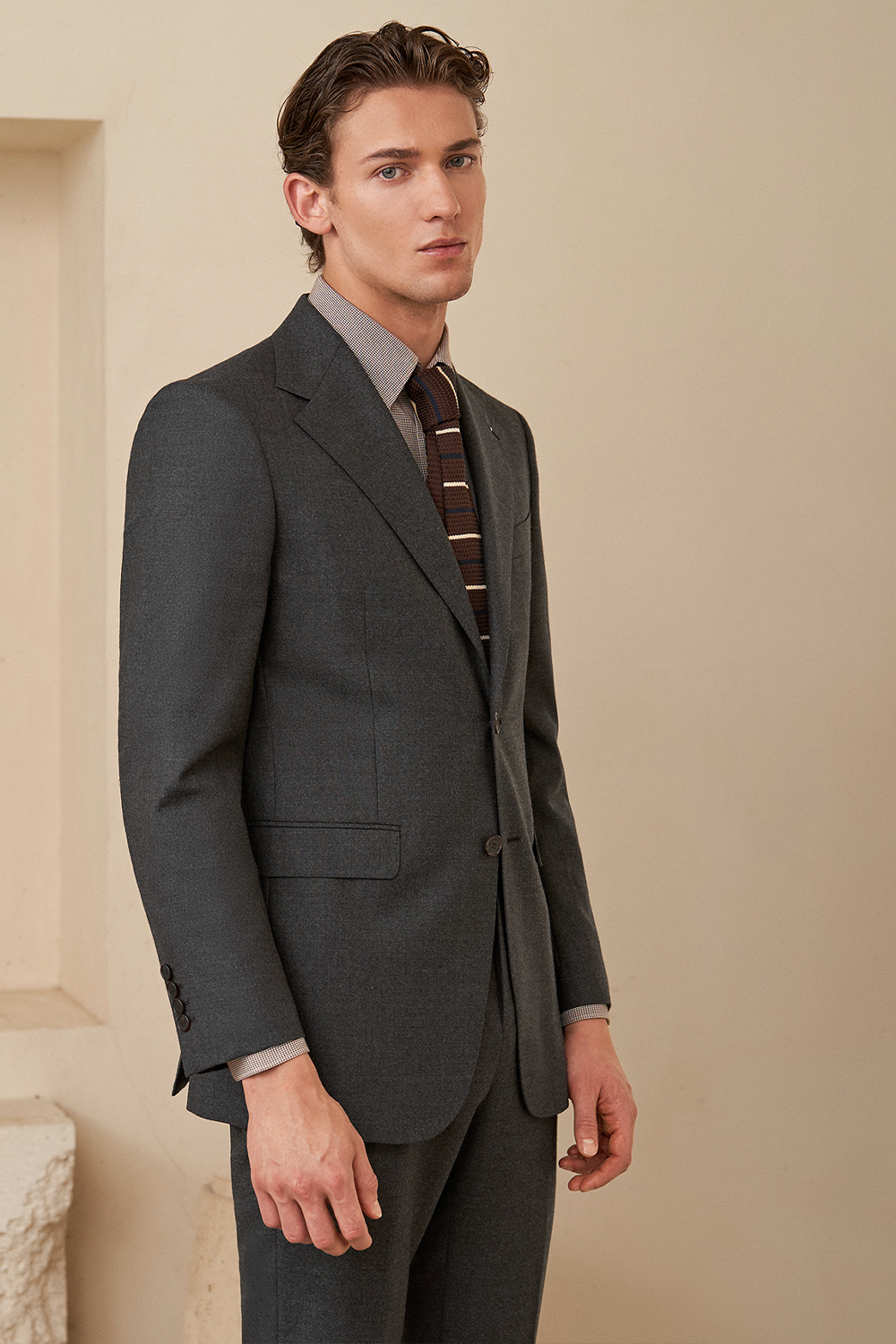 Lanifício Vitale Barberis Canonico - Costume single breasted, half canvas, lapela notched, em lã merino super 110 18.25 µ - Cinza Sândalo