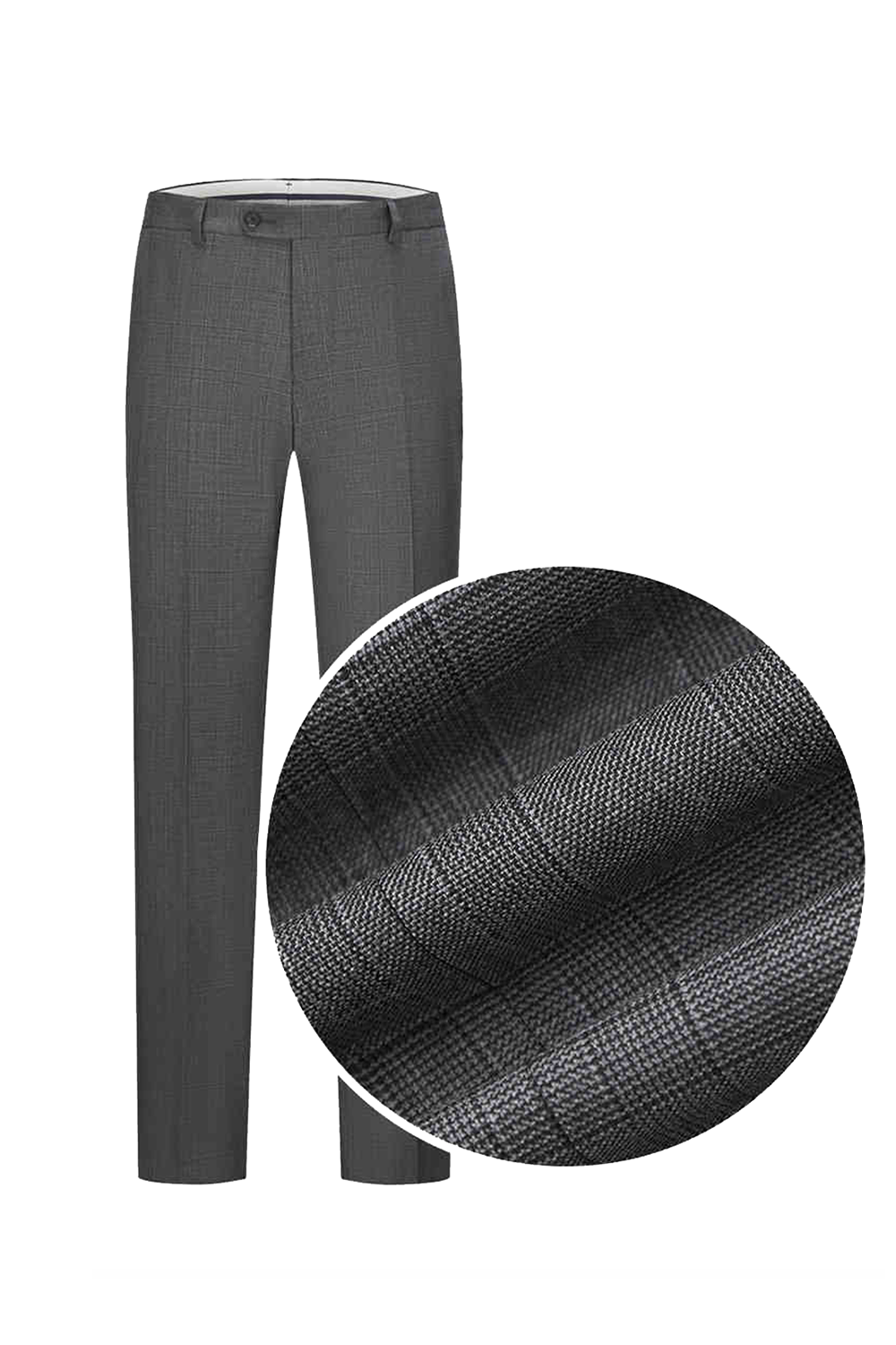 Calça de modelagem italiana, em lã super 130'S com 17.20 µ com cintura alta e passantes de cinto - Exalt Cinza com padronagem