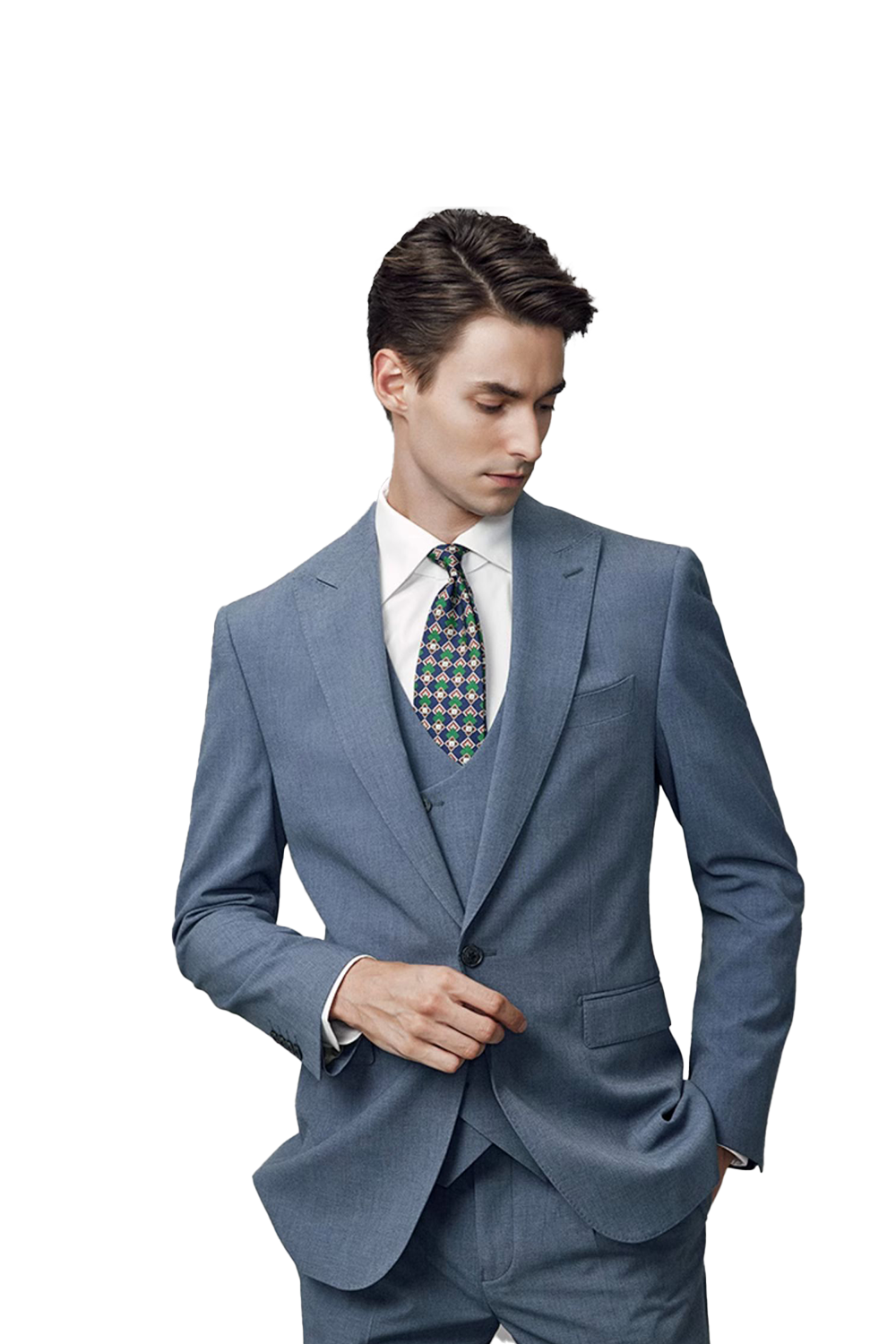 Costume single breasted em poliviscose e elastano, com lapela peak- Azul aço