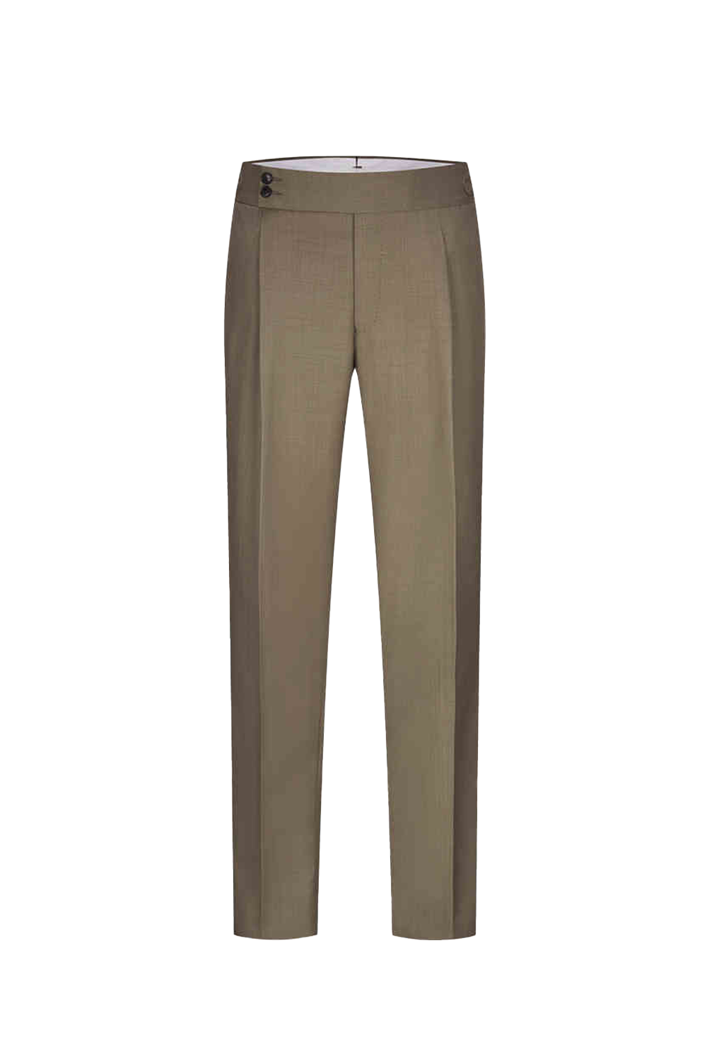 Calça de modelagem italiana, em lã tropical, com cintura alta e ajustadores laterais - Percepito Khaki Médio