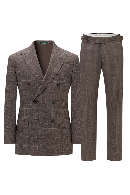 Lanifício Vitale Barberis Canonico - Costume double breasted 6x2, half canvas em lã, linho e seda com lapela peak - Marrom café