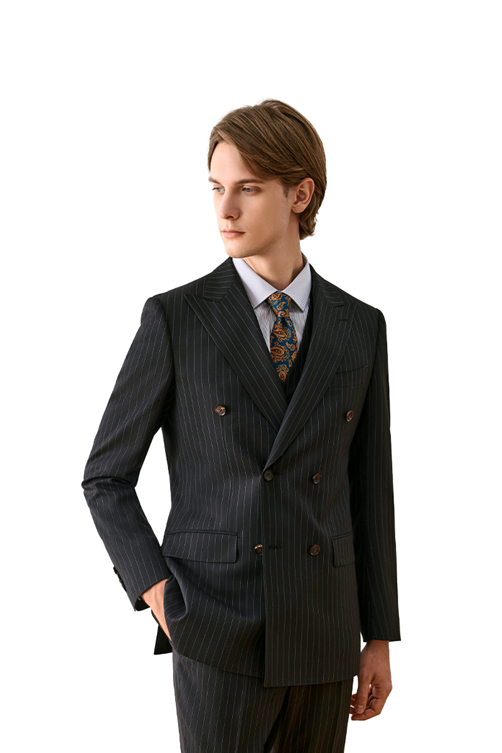 Costume double breasted 6x2, em polilã com lapela peak- Risca de giz preto