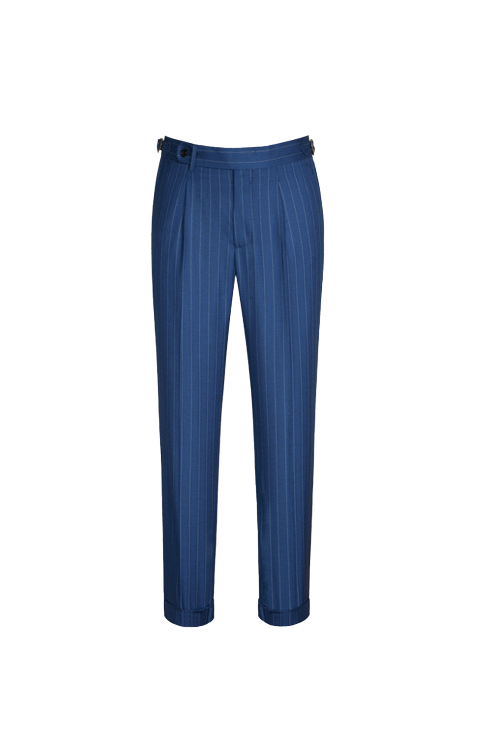 Calça em modelagem italiana, cintura alta, com ajustadores laterais, azul médio risca de giz - Risca de giz