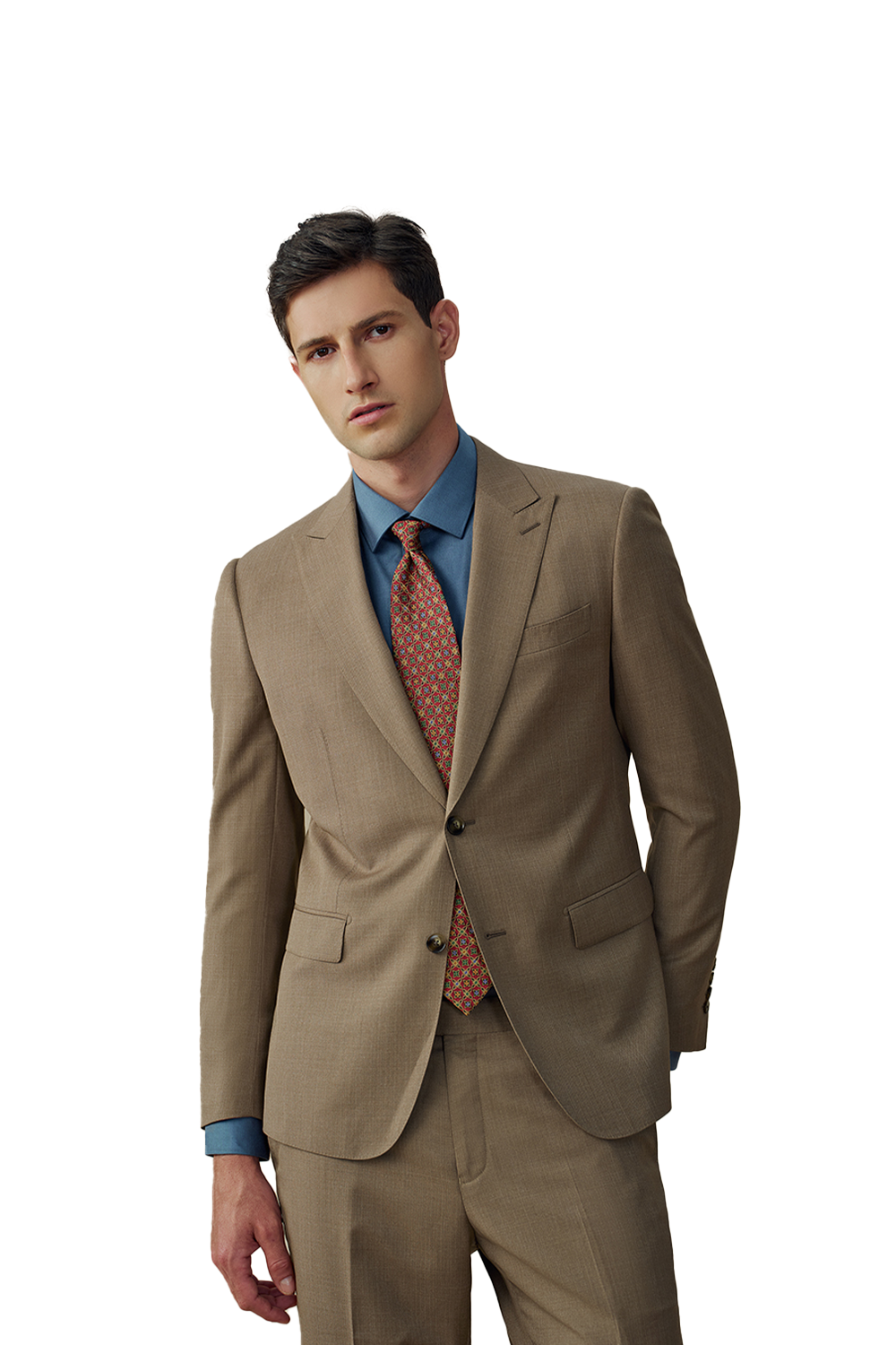 Costume single breasted em poliviscose, com lapela peak- Khaki