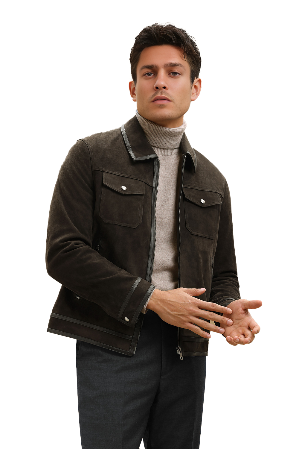 Jaqueta alfaiataria workwear, curta, com lapela e bolsos frontais - Couro de ovelha