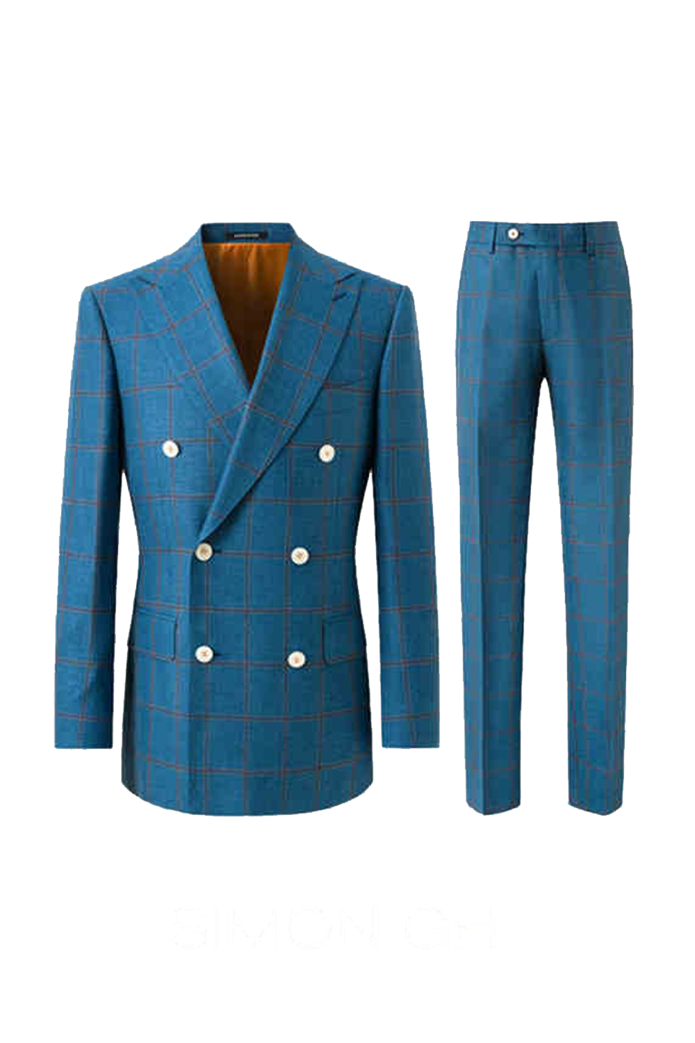 Lanifício Vitale Barberis Canonico - Costume double breasted 6x2, half canvas em lã, linho e seda, com lapela peak - Azul padronagem laranja