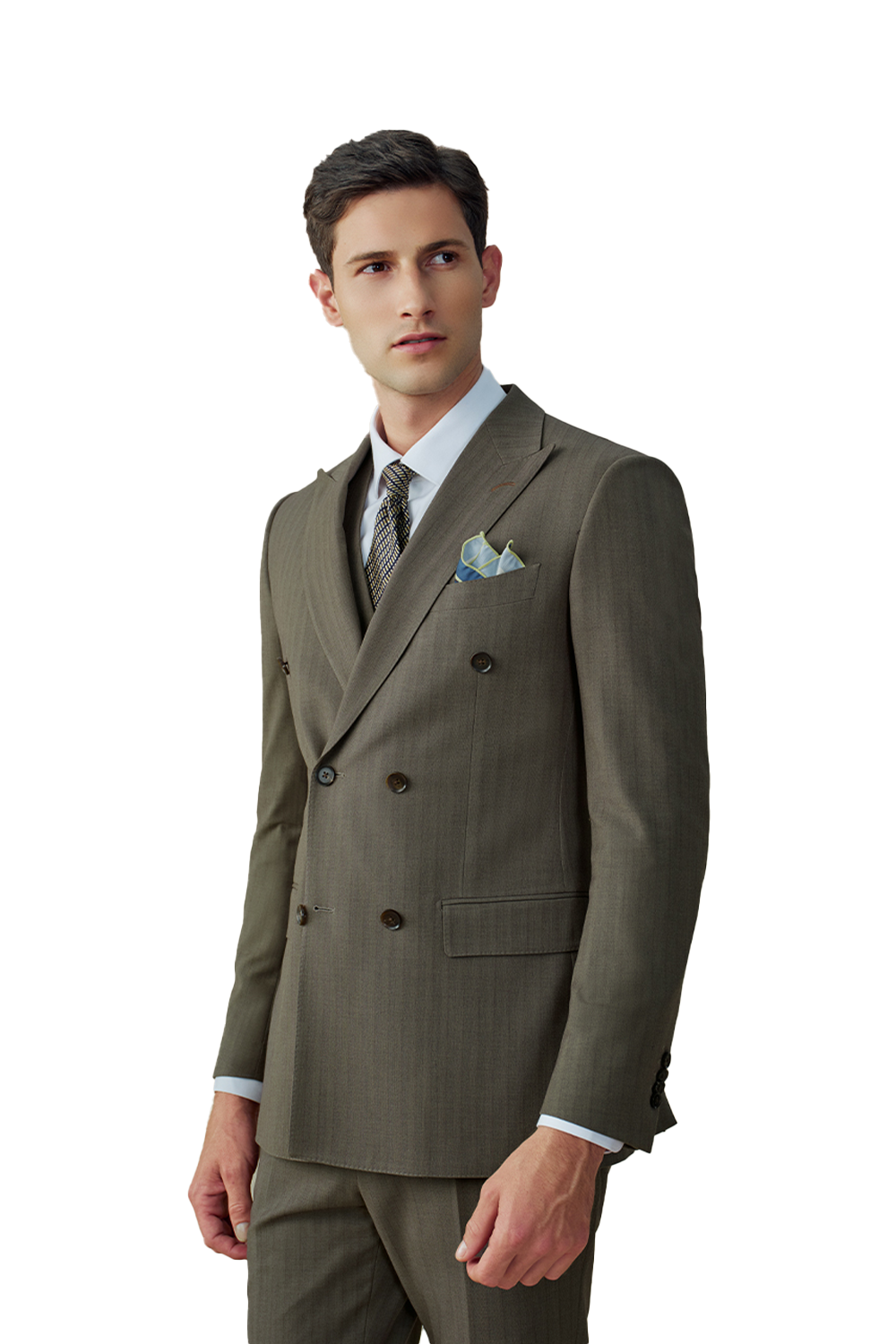 Costume double breasted 6x2, em polilã com elastano e lapela peak- Khaki Chá