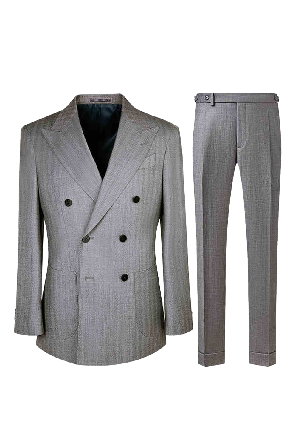 Costume double breasted 6x2, em poliviscose e elastano, com lapela peak - Cinza espinha de peixe