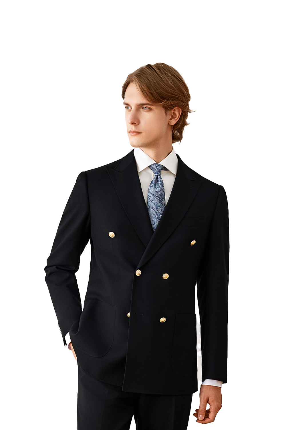 Costume double breasted 6x2, em polilã e tencel, com lapela peak- Preto nobre