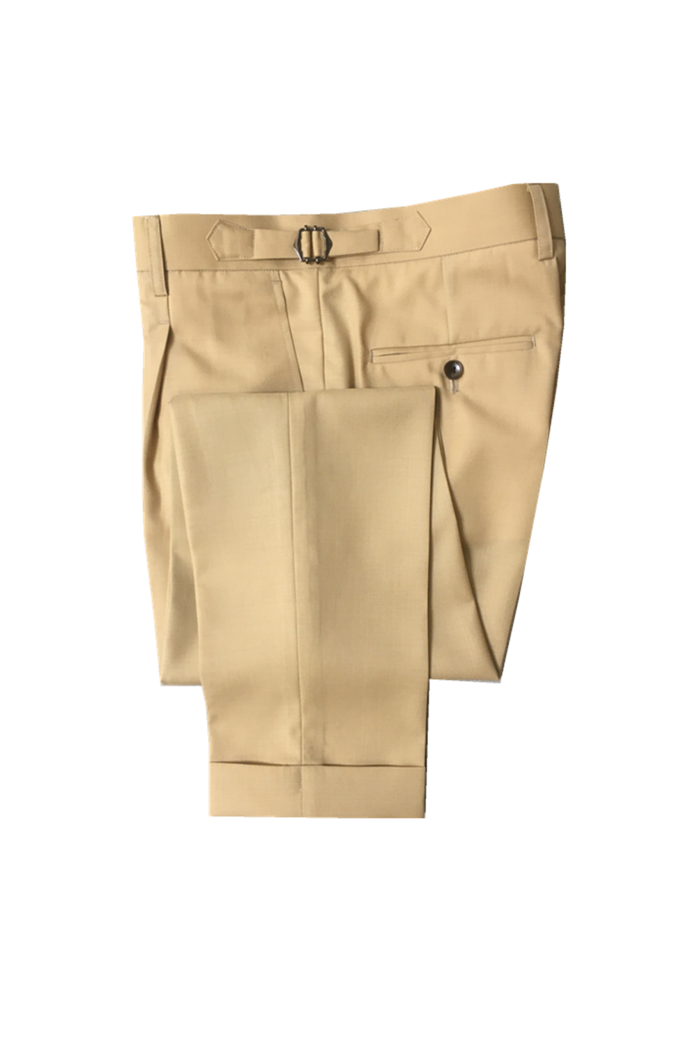 Calça em modelagem italiana em lã tropical, cintura alta, com ajustadores laterais e passantes - Khaki