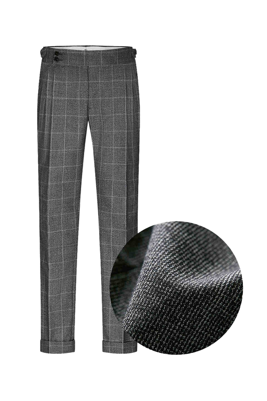 Lanifício Drago in Biella - Calça de modelagem italiana, em lã merino 130's 17.25 micron, com ajuste lateral - Windowpane Cinza
