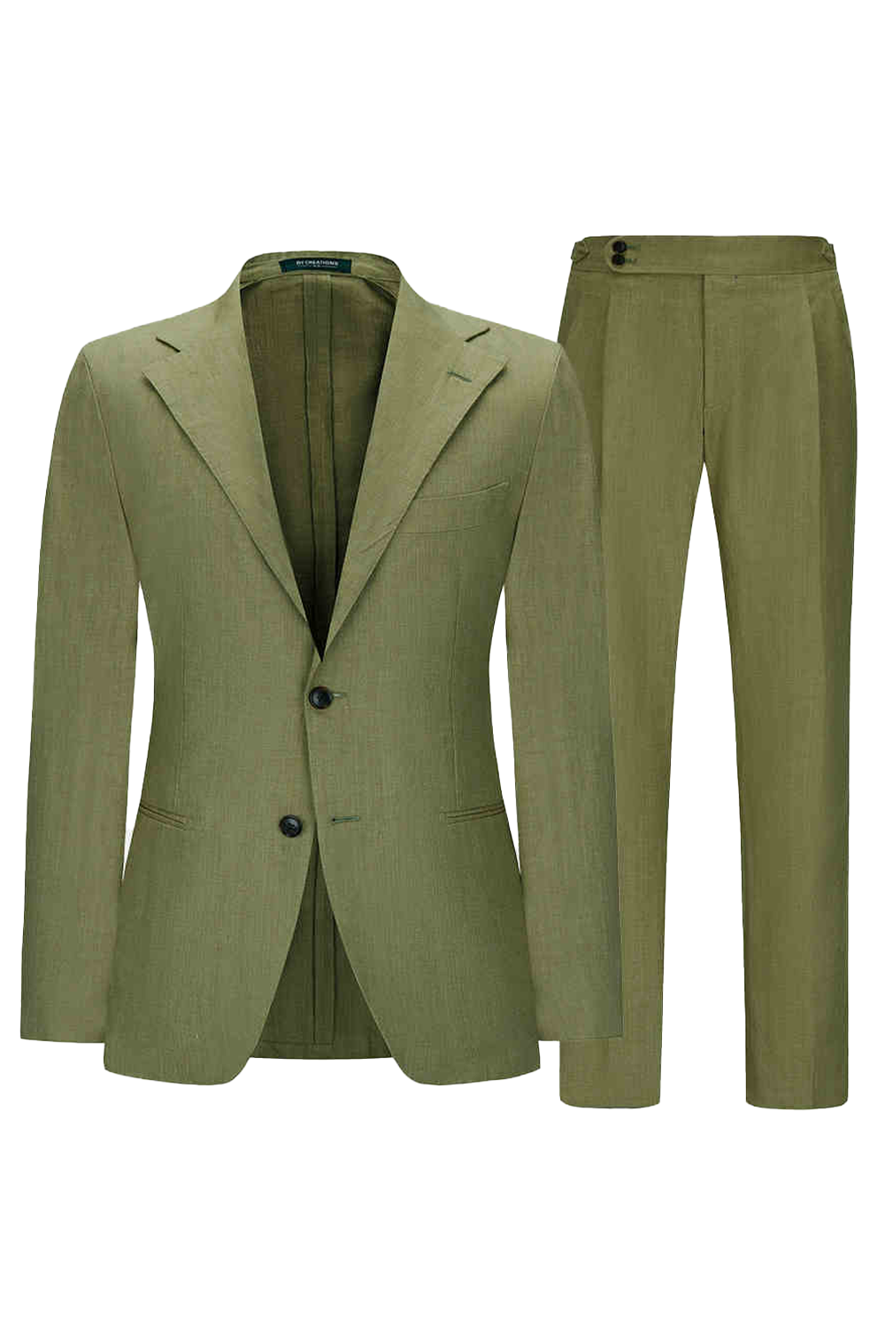Costume desestruturado single breasted, 100% linho, com lapela notched - Verde oliva