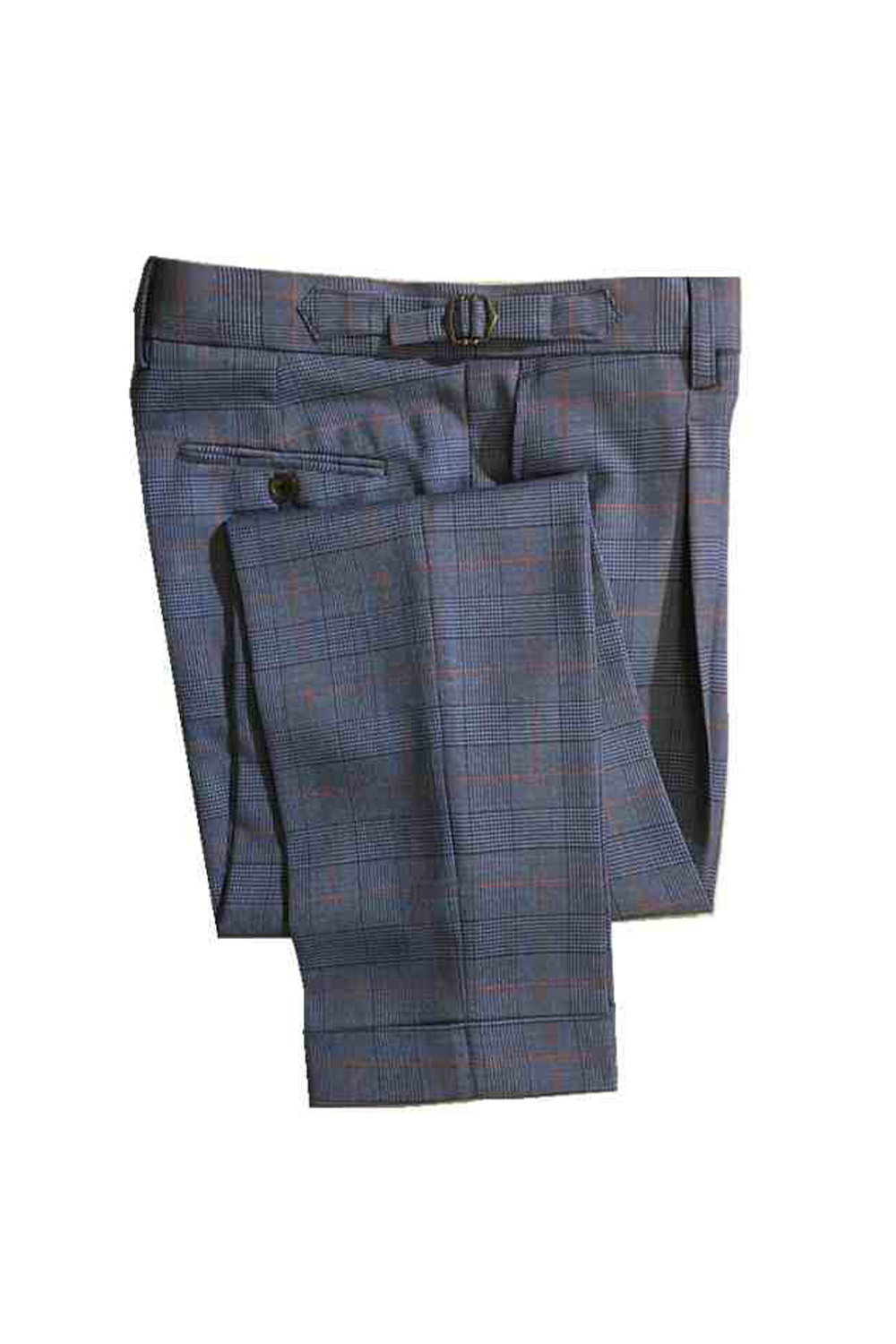 Calça em modelagem italiana, cintura alta, com ajustadores laterais e passantes - Brit Azul príncipe de galês
