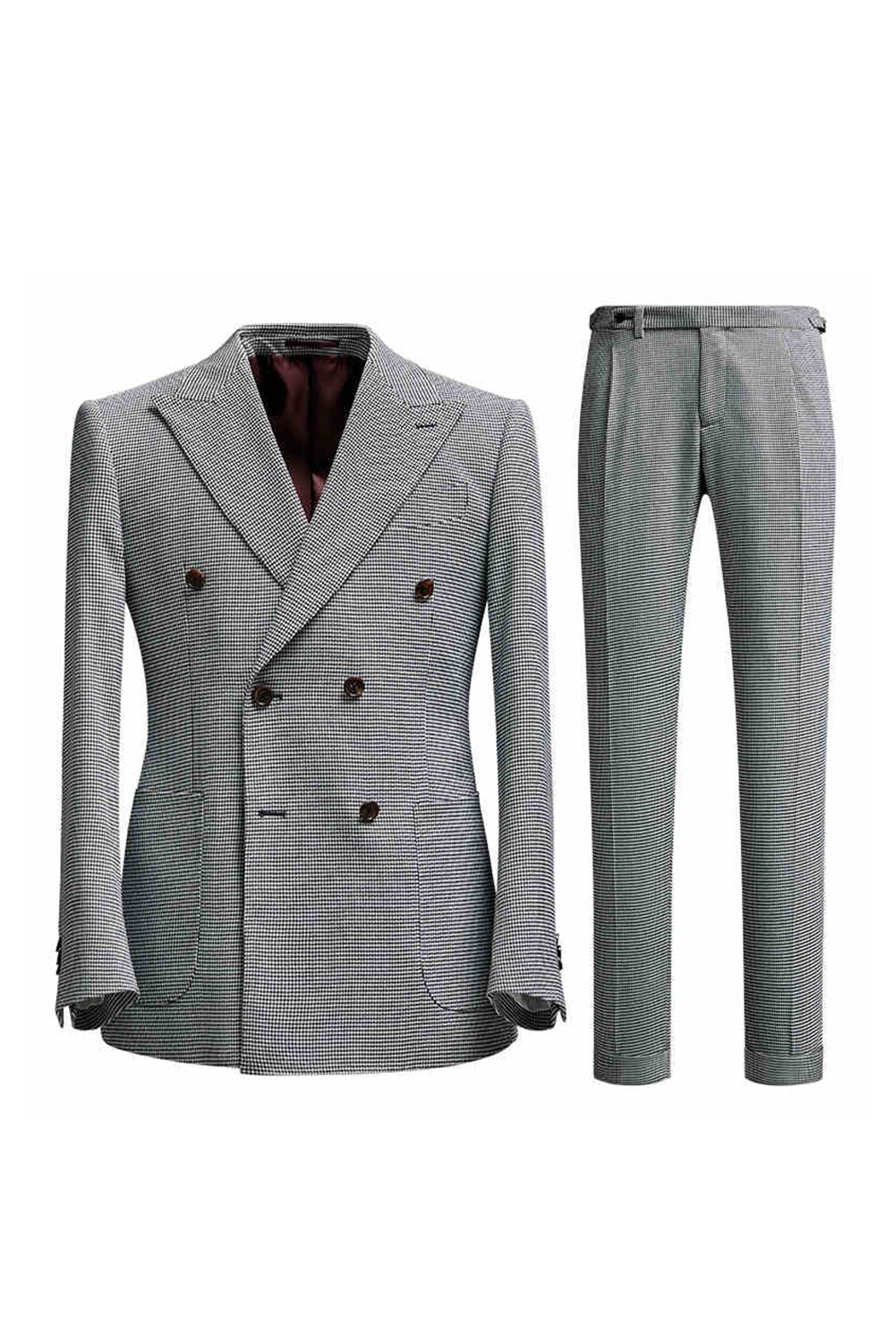 Costume double breasted 6x2 em poliviscose e elastano, com lapela peak - Pied-poule