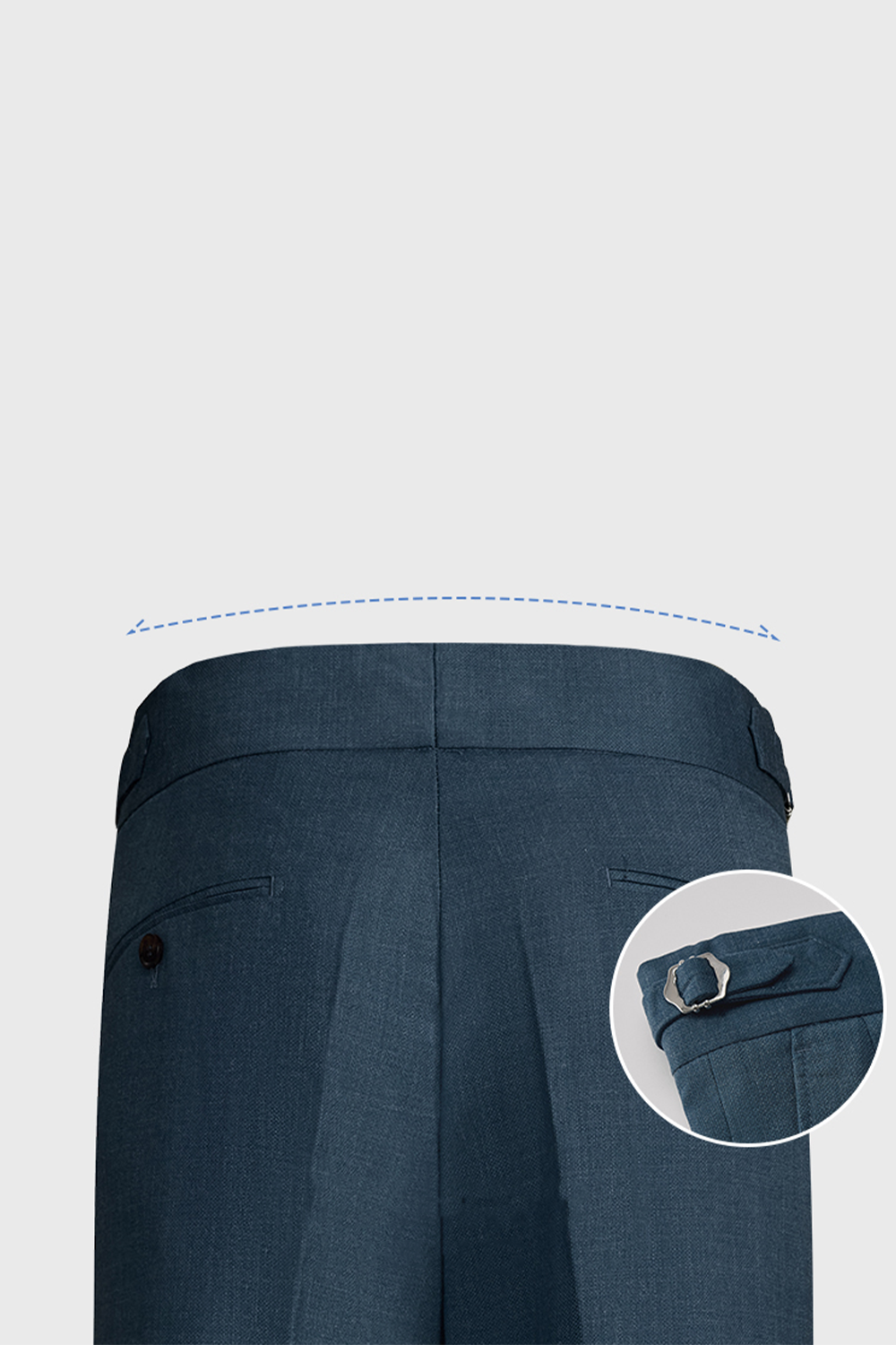 Calça em modelagem italiana, em polilã com algodão, cintura alta, com ajustadores laterais - Azul