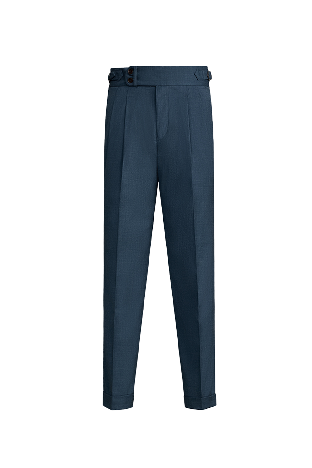 Calça em modelagem italiana, em polilã com algodão, cintura alta, com ajustadores laterais - Azul