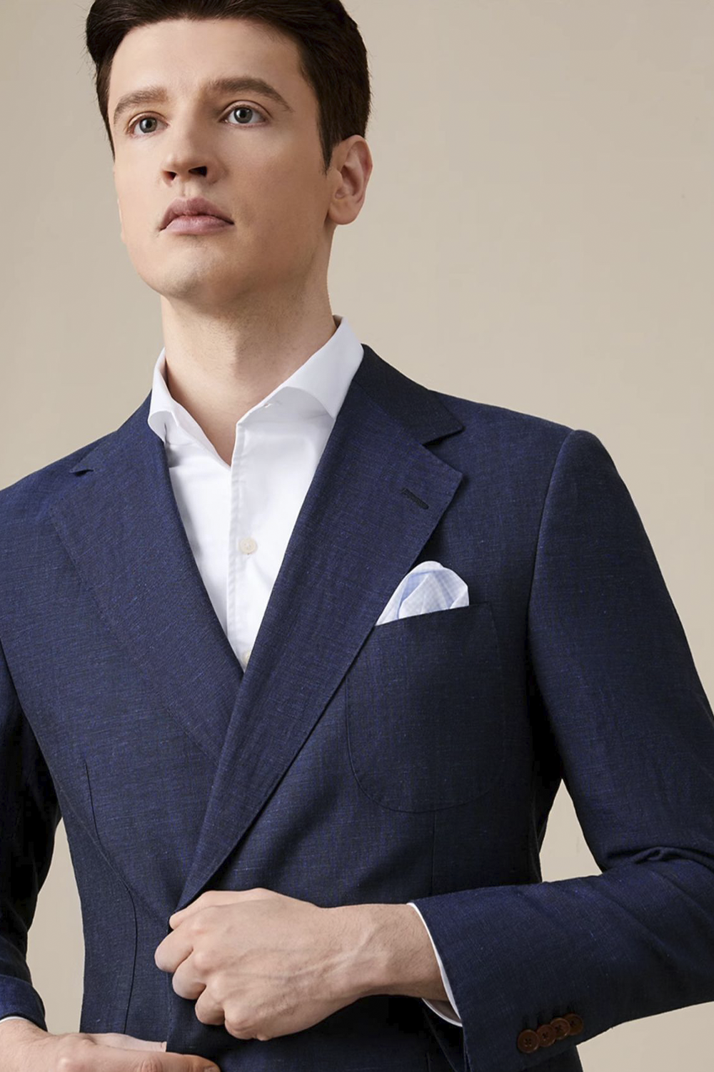 Lanifício Vitale Barberis Canonico - Costume double breasted 4x1, half canvas em lã e linho, com lapela notched - Azul