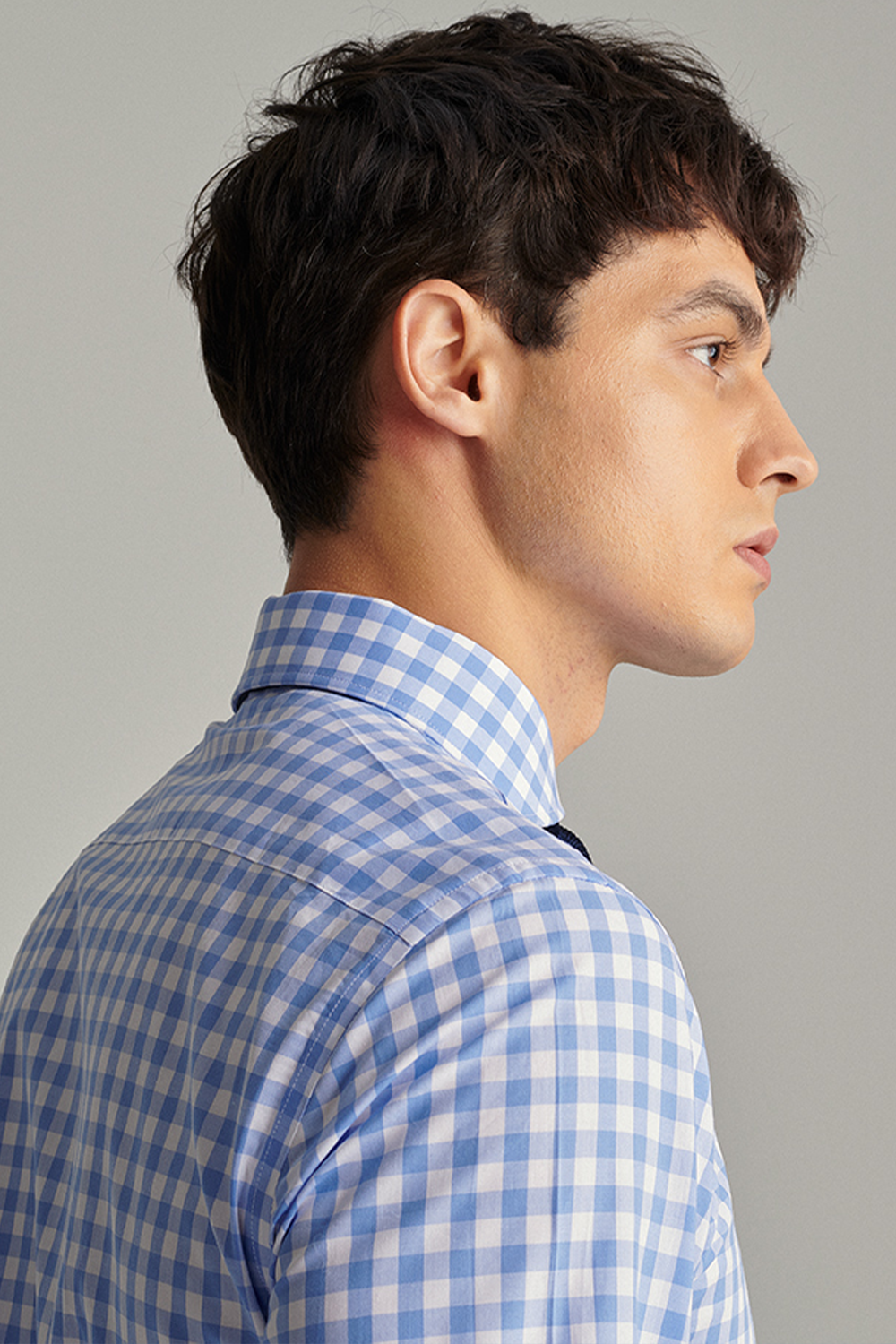 Camisa de manga comprida com colarinho windsor, 100% algodão - Xadrez azul claro