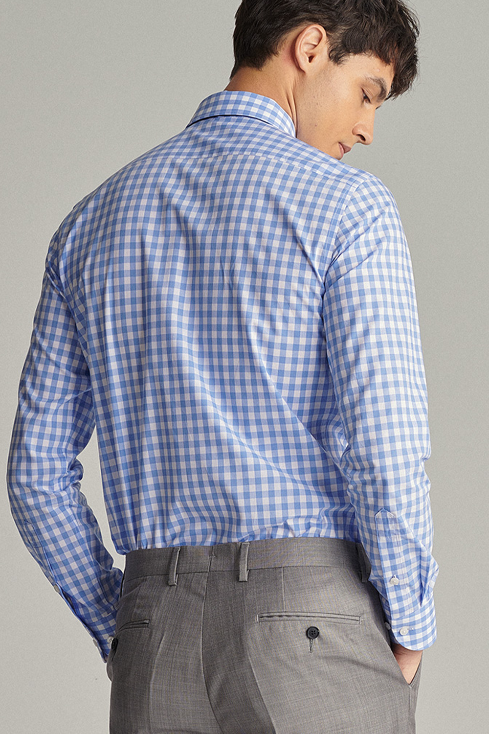 Camisa de manga comprida com colarinho windsor, 100% algodão - Xadrez azul claro