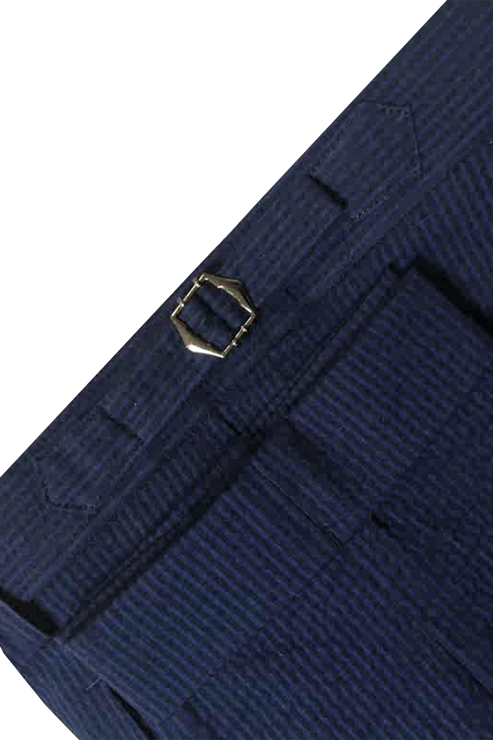 Calça em algodão seersuker, cintura alta, com ajustadores laterais e passantes - Brit Azul Marinho