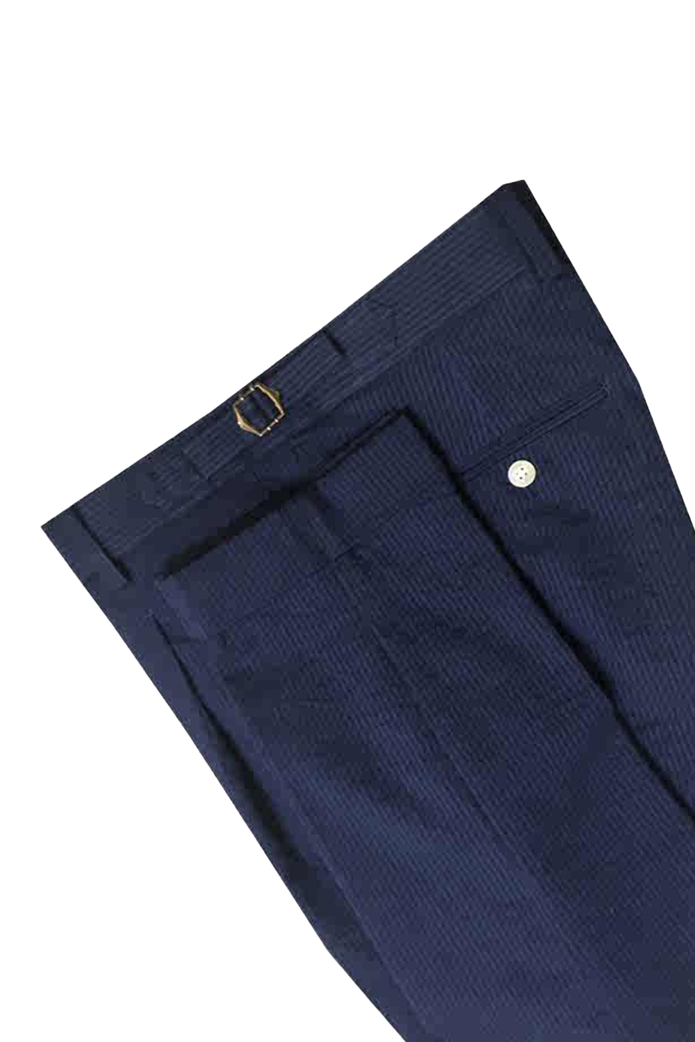 Calça em algodão seersuker, cintura alta, com ajustadores laterais e passantes - Brit Azul Marinho