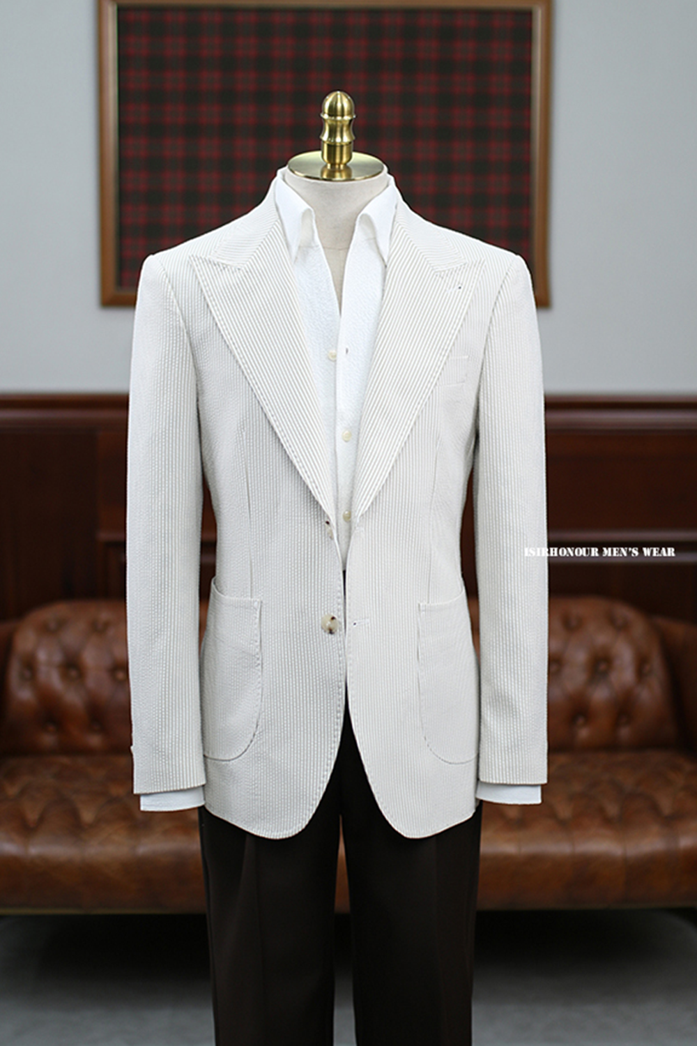 Blazer em tecido seersucker, single breasted com lapela peak - Listras khaki