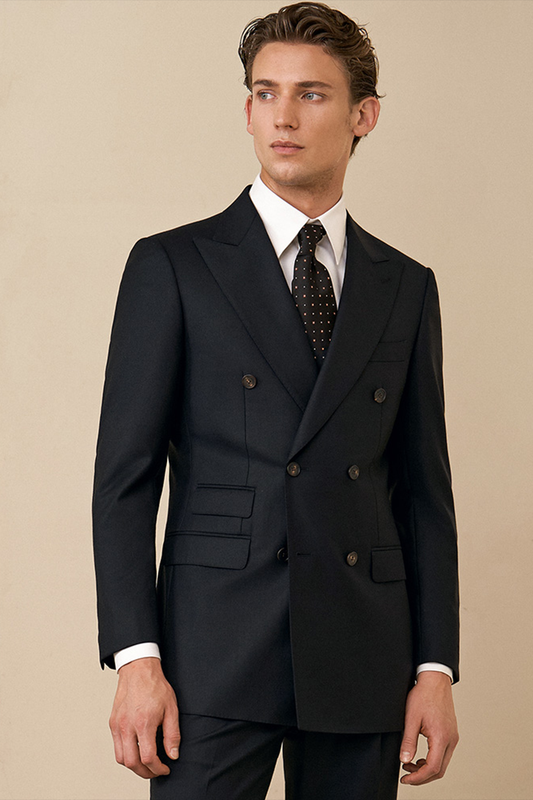 Costume double breasted 6x2, lapela peak, em lã tropical com seda - Preto