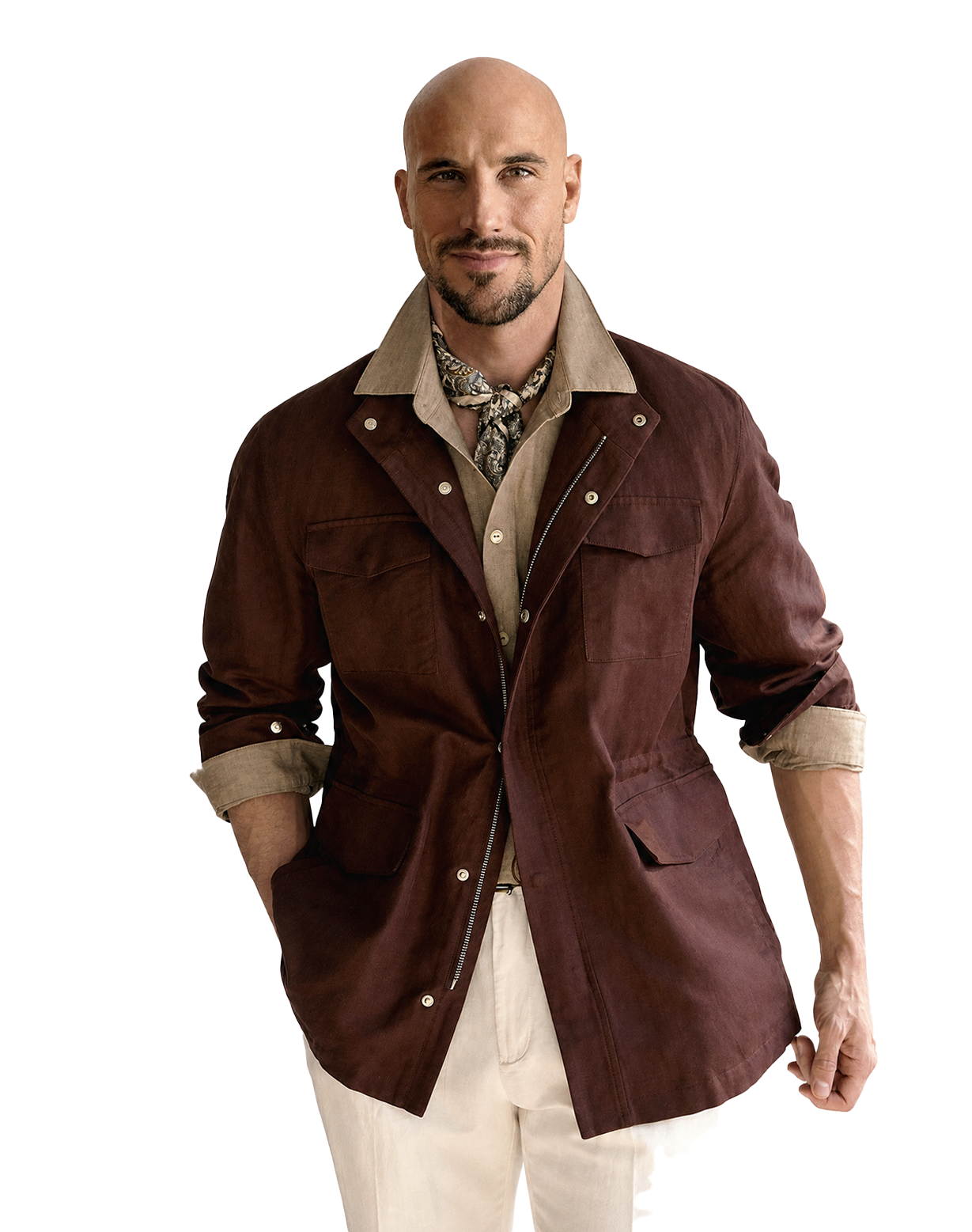 Safari Jacket, com ajuste interno, zíper e botões, em linho, algodão e tencel - Bordo Sanhr