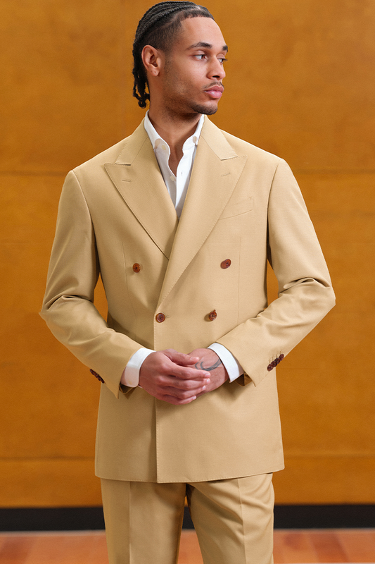 Costume double breasted, 6x2, com lapela peaked large, em lã tropical - Khaki Act